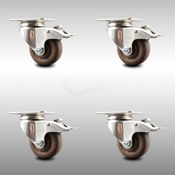 3 Inch 316SS High Temp Glass Filled Nylon Top Plate Caster Set Total Lock Brake